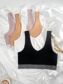 Talla grande 4 piezas Sujetador tejido de canalé de color combinado - Multicolor - Ver 4