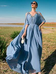 Al Najma Vai lạnh tay cánh Đầm - Màu xanh lam - Xem 3