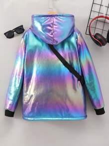 SHEIN Adolescent Garçon Holographique Zippé À Doublure Thermique Manteau À Capuche & Sac Sans Sweat-Shirt