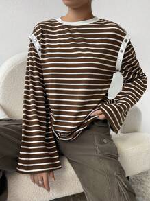 SHEIN Essnce Women's Striped Drop Shoulder T-shirt - Brown - View 3