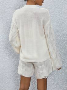 SHEIN LUNE Xoắn Dan Thả vai Áo len & Eo dây rút Quần đùi dệt kim - trắng - Xem 2
