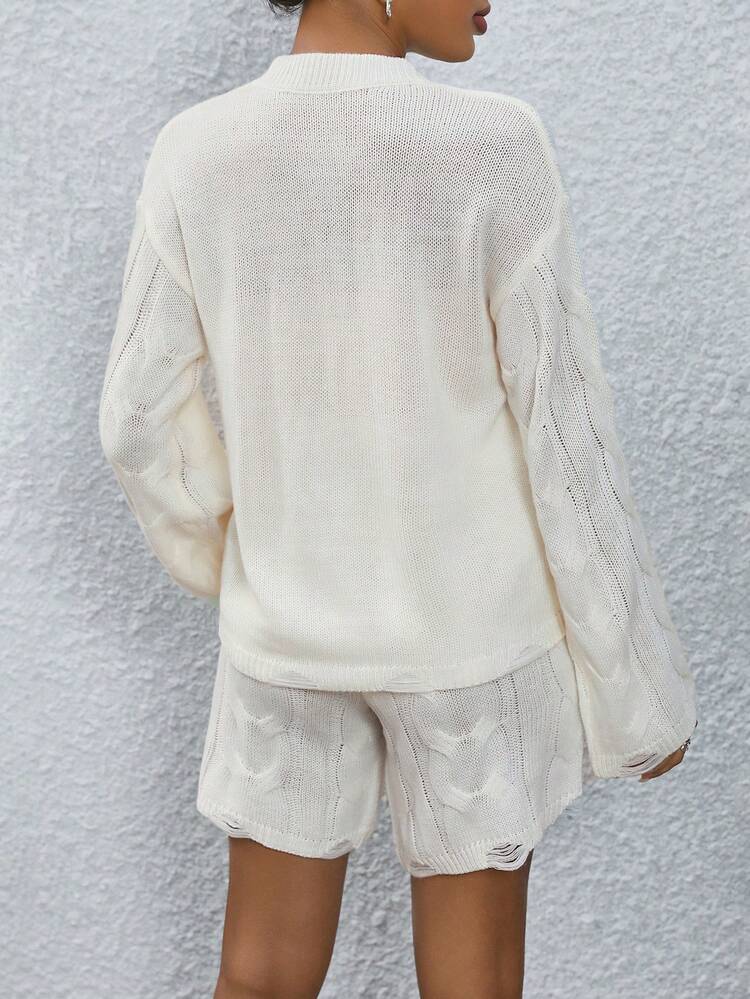 Cable Knit Drop Shoulder Sweater & Drawstring Waist Knit Shorts