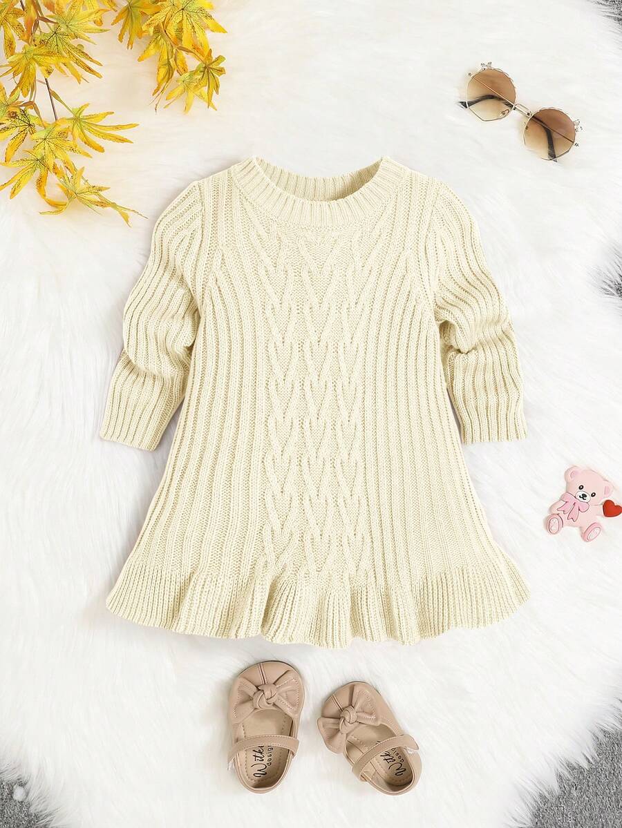 SHEIN 女嬰休閒毛衣洋裝帶荷葉邊,長袖和圓領 - 杏色 - 查看 1