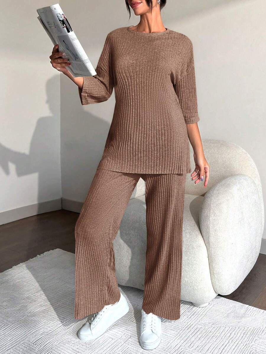 EURMUSE 100%Cotton Solid Drop Shoulder Ribbed Knit Tee & Pants - Khaki - View 1
