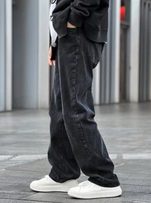 Claim Dot Loose Fit Men's Solid Color Jeans With Slant Pockets