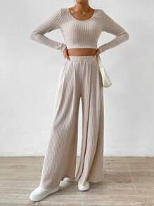 Chiquease Scoop Neck Crop Tee & Wide Leg Pants Fall Cloth For Women - Apricot - View 5
