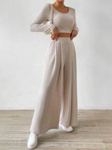 Chiquease Scoop Neck Crop Tee & Wide Leg Pants Fall Cloth For Women - Apricot - View 6