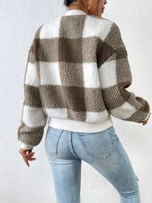 SHEIN Frenchy Họa tiết kẻ sọc trâu Thả vai Teddy Áo khoác bomber - Nhiều màu - Xem 2