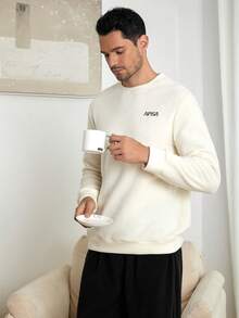 男士字母刺繡絨毛休閒服背心上衣 - 杏色 - 查看 4