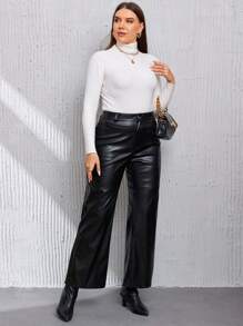 SHEIN Privé Plus PU Black Leather Flare Leg Spring  Long Pants - Black - View 6