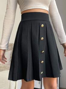 EURMUSE High Waist Button Detail Pleated Sweater Skirt - Black - View 5