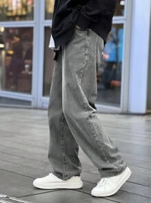 Claim Dot Men's Loose Straight-Leg Jeans With Slant Pockets - Light Grey - View 3