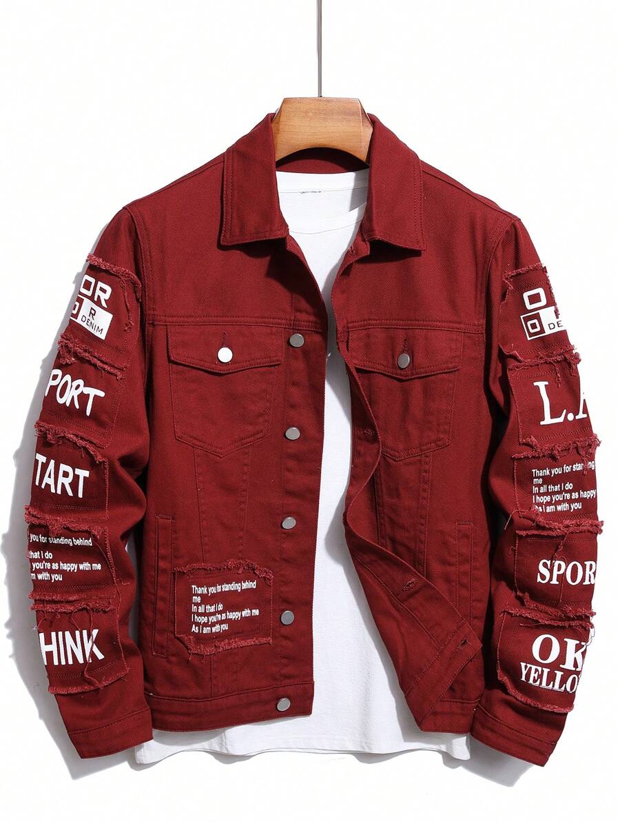 Manfinity Homme Nam Đồ họa Khẩu hiệu Túi có nắp Áo khoác denim Without Tee - Đỏ - Xem 1