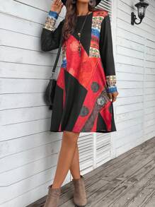 EMERY ROSE 幾何印花撞色T恤洋裝 - 彩色 - 查看 3