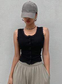 Dazy Star Lace Trim Button Front Tank Top Going Out Tops - Black - View 6