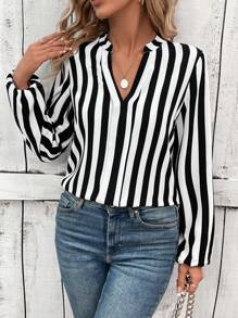 SHEIN LUNE Striped Print Notched Neckline Lantern Sleeve Blouse - Black and White - View 4