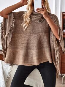EMERY ROSE Button Detail Fringe Trim Batwing Sleeve Cowl Neck Poncho Sweater - Khaki - View 6