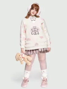 ROMWE Kawaii 大碼1入組心&卡通圖案落肩袖套頭毛衣 - 杏色 - 查看 1