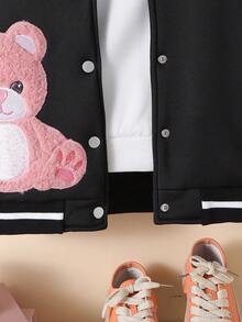 SHEIN 女大童熊圖案拼接絨毛袖學院風夾克 - 彩色 - 查看 5