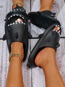 鲨鱼形露趾厚底拖鞋，可爱卡通沙滩拖鞋，情侣人字拖，夏季度假和派对鞋 - 黑色 - 查看 2
