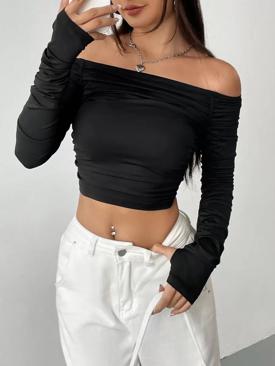 SHEIN EZwear Parte Superior Corta De Moda Para Mujer Estilo Y2k Sin Hombros Con Manga Larga Ajustada, Plegado Ajustado, Sin Espalda Y Con Estilo Para Salir