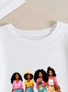 SHEIN EZwear 大碼人像圖案加絨內裏運動衫 - 白色 - 查看 7