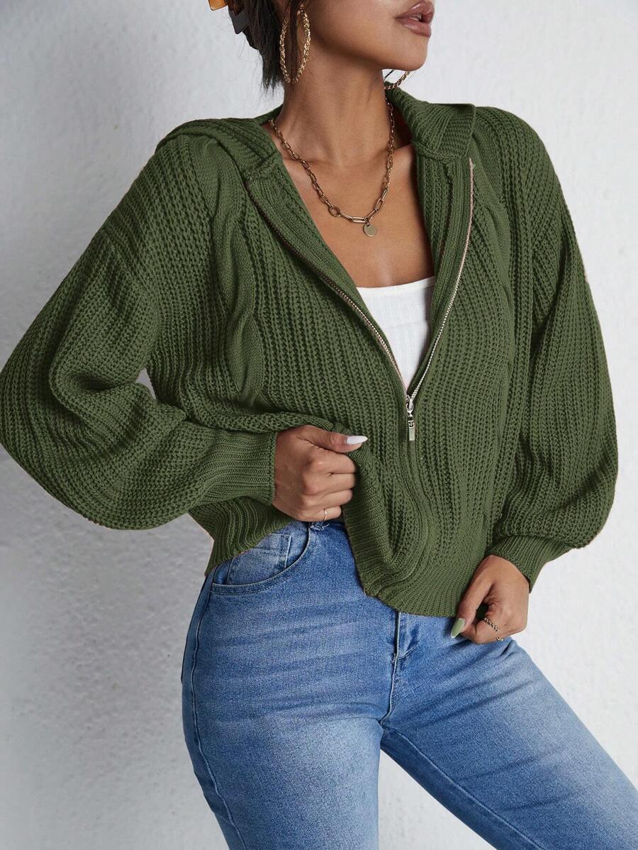 RueChic Drop Shoulder Zip Up Hooded Cardigan