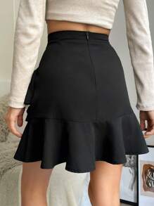 EURMUSE Solid Ruffle Hem Belted Skirt - Black - View 3