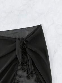 SHEIN Swim 女性網紗透視披肩裙,配流蘇設計 - 黑色 - 查看 4