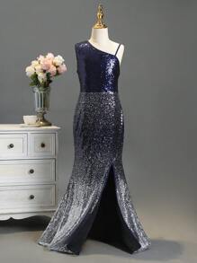 SHEIN 女大童不對稱領高衩亮片魚尾裙下擺洋裝 - 銀色 - 查看 1