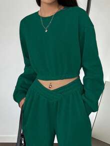 SHEIN Unity Solid Drop Shoulder Sweatshirt & Sweatpants - Dark Green - View 7