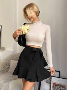 EURMUSE Solid Ruffle Hem Belted Skirt - Black - View 5