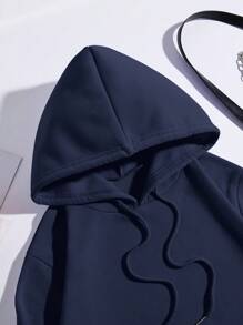 SHEIN EZwear 加大码袋鼠口袋抽绳保暖内衬卫衣 - 藏蓝色 - 查看 5