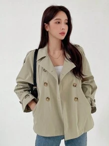 DAZY Double Breasted Raglan Sleeve Trench Coat - Khaki - View 3