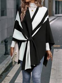 EMERY ROSE Two Tone Cloak Sleeve Asymmetrical Hem Cape Cardigan,Three Quarter Sleeve Tops - Black - View 1