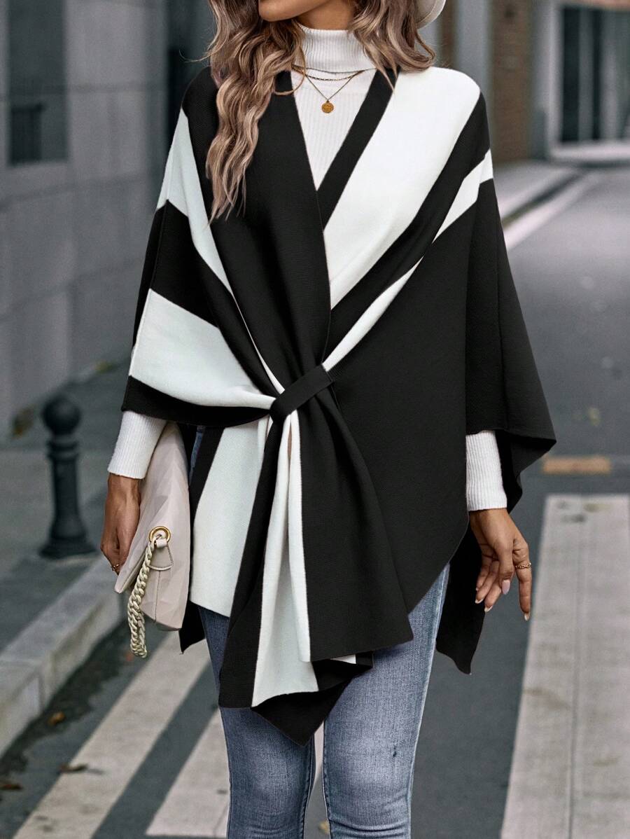 EMERY ROSE Two Tone Cloak Sleeve Asymmetrical Hem Cape Cardigan,Three Quarter Sleeve Tops - Black - View 1