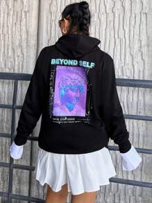 SHEIN Cottnline Plus Slogan Graphic Drop Shoulder Hoodie - Black - View 1