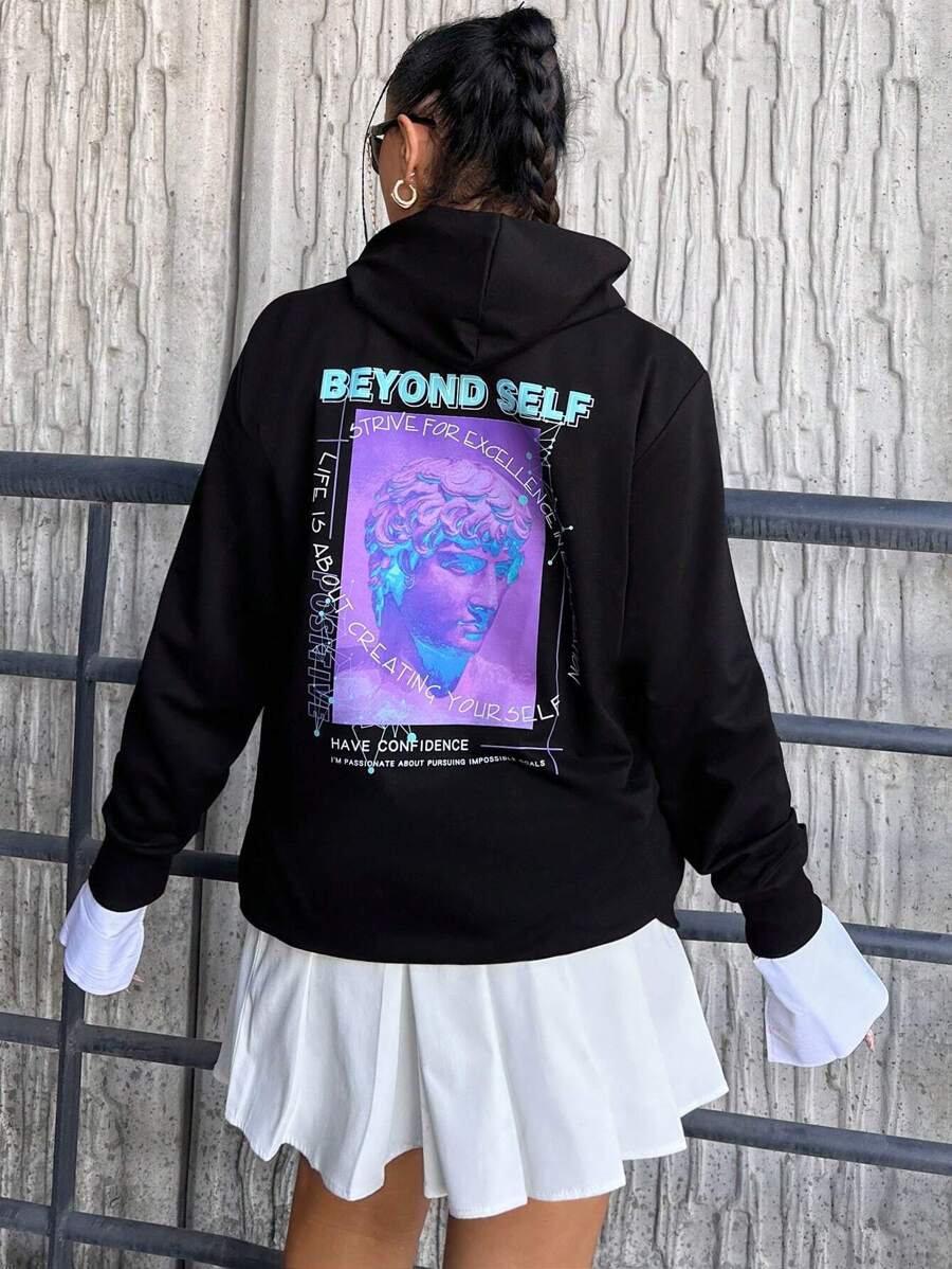 SHEIN Cottnline Plus Slogan Graphic Drop Shoulder Hoodie - Black - View 1