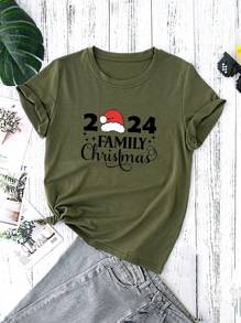 SHEIN LUNE 聖誕圖案T恤 - 軍綠色 - 查看 1