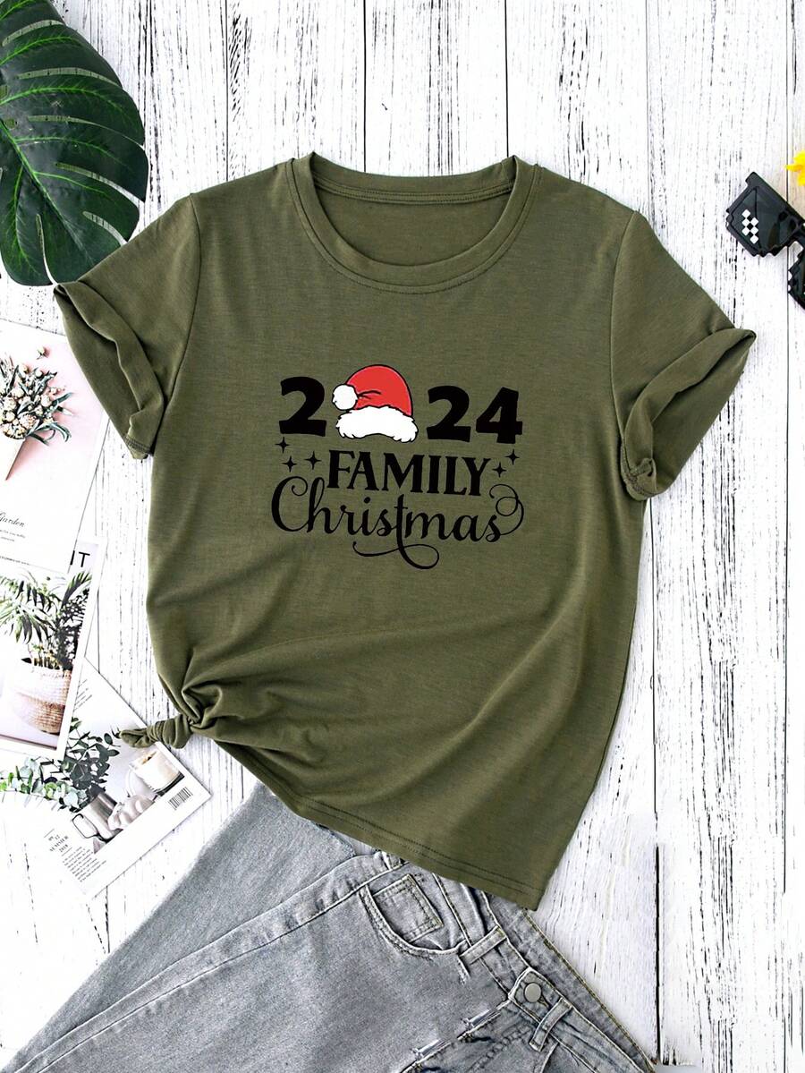 SHEIN LUNE 聖誕圖案T恤 - 軍綠色 - 查看 1