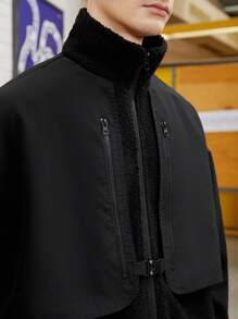 Manfinity Roghcode 男士加大號泰迪外套,垂墜肩設計,拉鍊閉合 - 黑色 - 查看 5