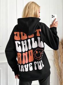 EURMUSE Slogan Graphic Drop Shoulder Hoodie - Black - View 1