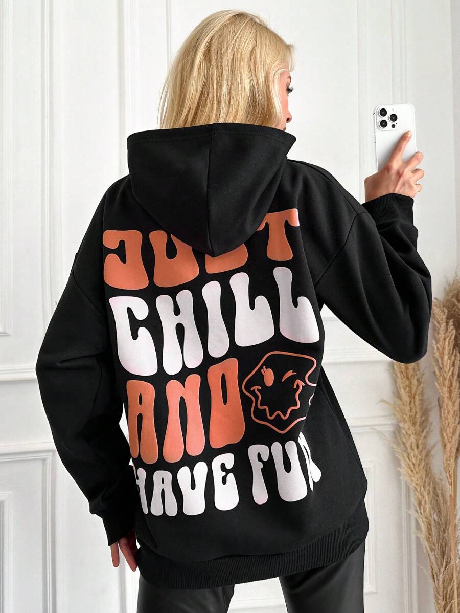 EURMUSE Slogan Graphic Drop Shoulder Hoodie - Black - View 1