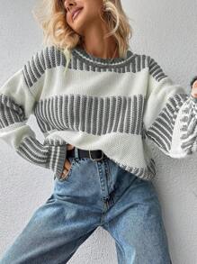 EURMUSE Striped Pattern Drop Shoulder Sweater - Light Grey - View 5