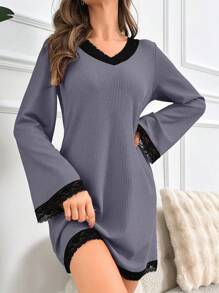 拼接蕾絲邊睡裙 - 灰色 - 查看 1