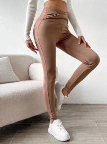 Chiquease 素色交叉圍裹寬腰帶保暖緊身打底褲 - 摩卡棕 - 查看 5