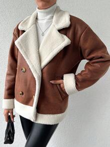 EURMUSE Manteau Pour Femmes En Peluche À Double Boutonnage Avec Patchwork Et Col À Revers - Marron - Voir 5