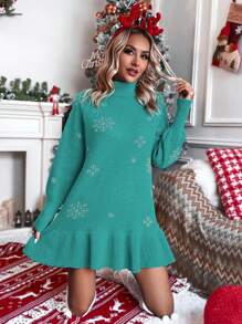 SHEIN LUNE Hình bông tuyết Áo cao cổ Tay Raglan Đầm Áo len - Màu xanh Cadet - Xem 5