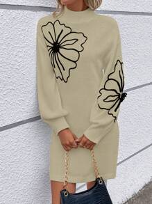 SHEIN LUNE Floral Pattern Mock Neck Drop Shoulder Sweater Dress - Khaki - View 6