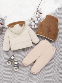 SHEIN Đứa bé trai Lót Teddy Thiết kế tai 3D Áo trùm đầu & Áo khoác vest & Đồ họa Chữ cái Quần - Nhiều màu - Xem 3